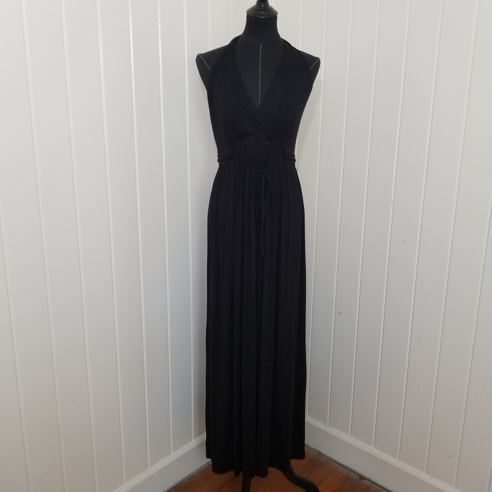 ModCloth Fervour Women's XL Black Jersey Knit Halter Maxi Dress Braided Belt